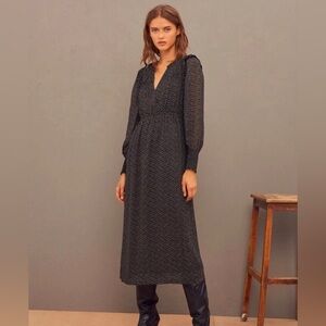 ba&sh Black Lucy Long Sleeved Printed Cocktail  Georgette Midi Dress Large on TV